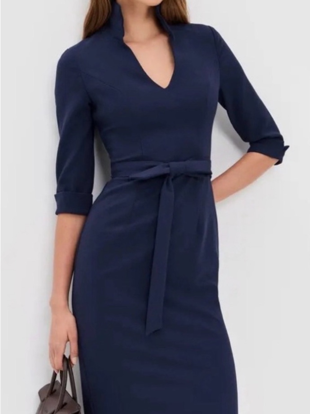 Black Halo Midnight Navy V-Neck Tie-Front Midi Dress